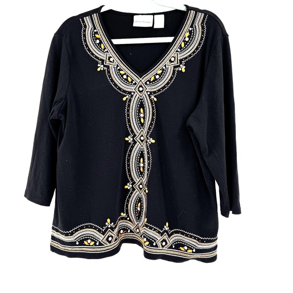 Alfred Dunner Beaded Embroidered Tunic Top Women's Large Black V-Neck Boho Hippy - Picture 1 of 8